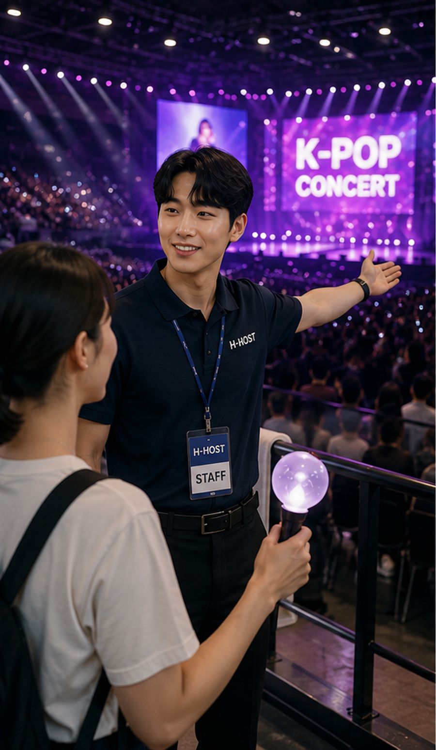K-POP 공연장에서 H-HOST가 관객을 좌석으로 안내하는 모습
