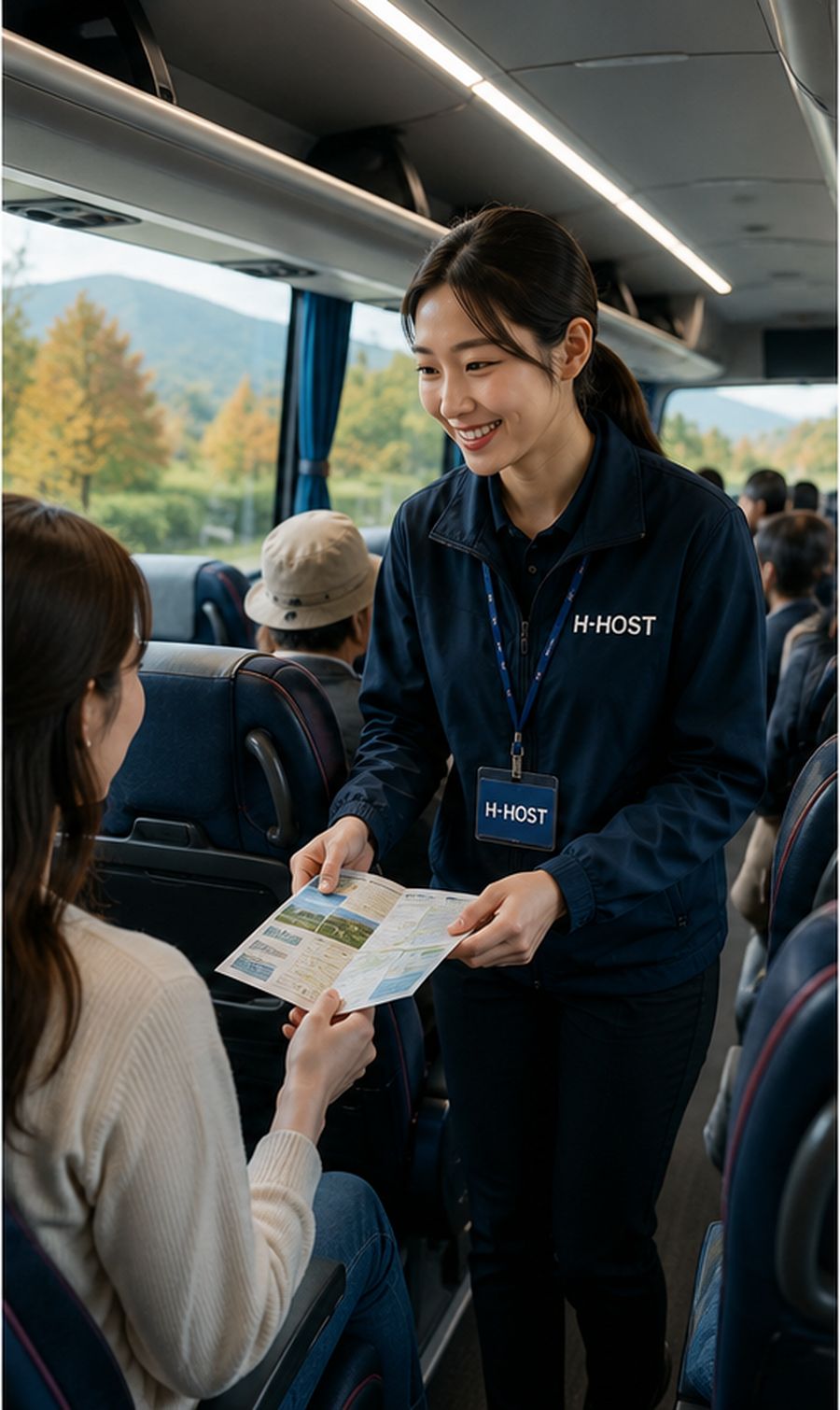 셔틀버스 안에서 H-HOST가 승객에게 안내문을 전달하는 모습